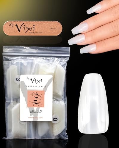 By Vixi 600 SET MOYEN À ONGLES CERCUEIL/BALLERINE avec LIME À ONGLES 12 Tailles Express Full Cover Opaque Faux Ongles, Salon Professionnel Et À Domicile