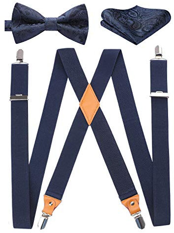 HISDERN Hosenträger für Herren X Form mit sehr Starken 4 Metall Clip Elastisch und Längenverstellbar Hosenträger und Fliege mit Einsteckuch Set