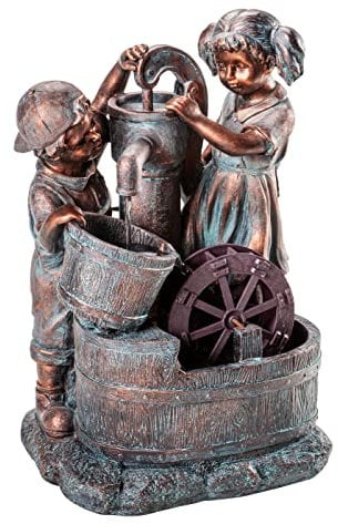 Dehner Gartenbrunnen Lea und Leon mit LED Beleuchtung, ca. 68.5 x 45 x 35 cm, Polyresin, grün/blau/braun