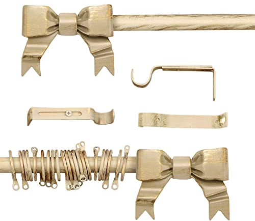 Gardinenstange Ausziehbar , Vorhangstange Gardinenstange variable Länge Landhaus Shabby Chic - Schleifen - 160-300 - Durchmesser 2 cm - Elfenbein Dunkel / Gold - Metall