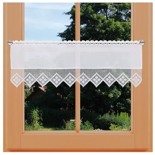Landhaus-Scheibengardine Lydia Vogtländische Spitze in weiß | Landhaus-Spitzengardine in geometrischer Häkelmusteroptik | fein gestickter Scheibenhänger mit Blumenmuster Höhe x Breite 29 x 80 cm