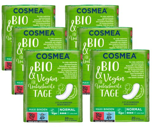 Cosmea Bio Maxi-Binden, Normal ohne Duft, Vorteilspack (6 x 20 Stk). Hygiene-Einlagen aus Bio-Baumwolle. Damen-Hygiene im Einklang mit der Natur