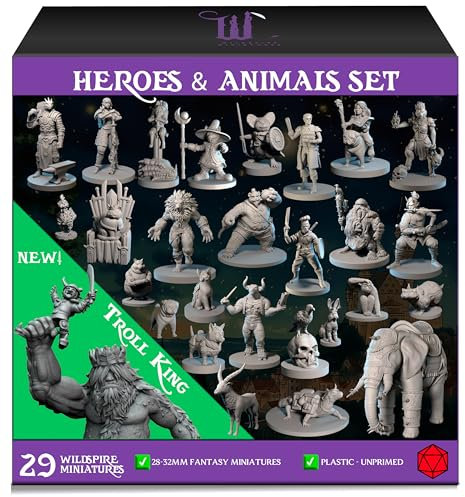 Wildspire Heroes, Animal Companions & Troll King for DND Miniatures Bulk 28mm DND Minis Dungeons and Dragons D&D Miniatures Dungeons and Dragons Unpainted Figures for Tabletop