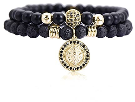 Lisandra Scott Doppelarmband aus Vulkangestein mit Löwenkopf und Natursteinperlen für Herren aus Edelstahl I Armband Verstellbar mit Löwe und Perlen Armbänder Männer Schmuck (Gold)
