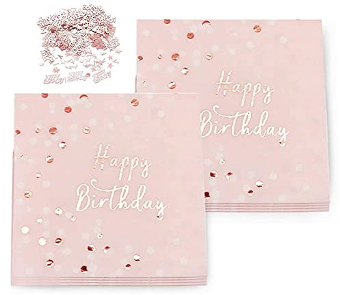 32 Stück Happy Birthday Servietten,Geburtstags Servietten, Servietten Rosegold Geburtstag mit 1 Packungen Geburtstag Konfetti Tisch,für Geburtstag Party Deko