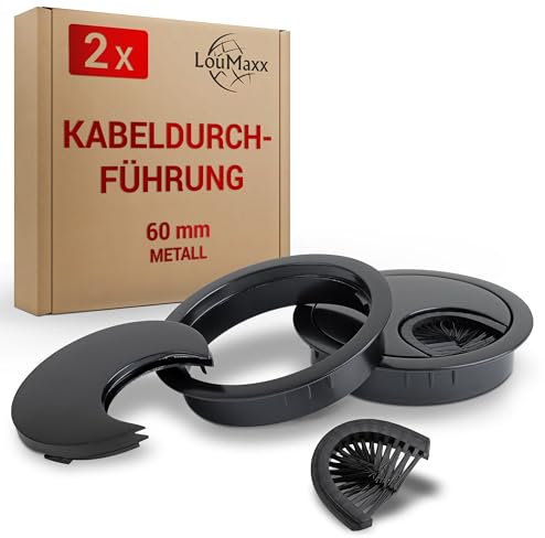 LouMaxx Lot de 2 passe-câbles en métal noir - 60 mm de diamètre - Passe-câbles bureau avec joint anti-poussière - Pour plus d'ordre