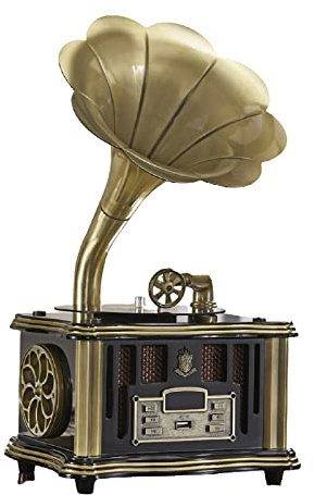 ZXNQ Fonógrafo, Altavoz de Estilo Europeo Antiguo, Audio Bluetooth, reproducción USB, Control Remoto, Radio FM, Adornos de Regalo de Cobre Puro,Negro