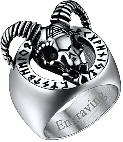FaithHeart Edelstahlring mit Gravur für Herren Männer Ziege Kopf Ring mit Rune Symbol Punk Biker Siegelring in Ringgröße 57 Fingerring mit Geschenkebox für Paar Pärchen