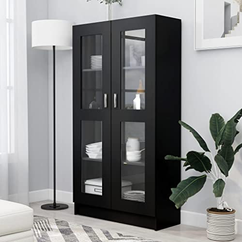 Makastle Bücherregal Bücherschrank Standregal, Vitrinenschrank Aufbewahrungregal mit 4 Fächern und 2 Türen, für Wohnzimmer, Arbeitszimmer, Büro, Schwarz 82,5x30,5x150 cm Spanplatte