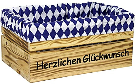 HW HOLZKISTEN-WELT Holzkiste Natur Geflammt mit Aufdruck Herzlichen Glückwunsch mit Stoffeinlage Blau Weiß - Stiege Steige Geschenkverpackung Präsentkorb Geschenk