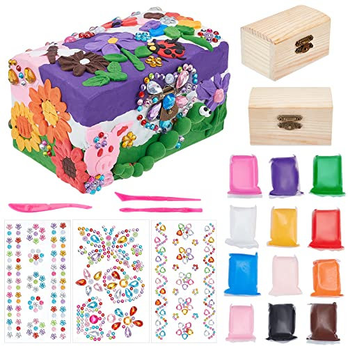 WEBEEDY 2 Stück DIY Schmuckkästchen Holzbastelsets Holzschatulle Schmuckkästchen für Kinder Mädchen Bastelset mit Bunt Strass Aufkleber 5 Farben Ton DIY Kreativ Spielzeug