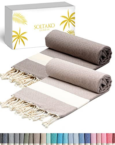 SOLTAKO XXL Strandtuch groß 100x200 Baumwolle Saunatuch Badetuch Hamamtuch Yoga Decke Pestemal Damen Herren Geschenkset extra groß leicht leicht, Cappuccino/Beige
