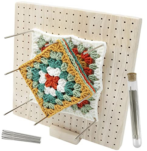 Crochet Blocking Board and Pins Set 9.3 Inch Wooden Granny Square Blocking Board with 20 Stainless Steel Pins and 5 Knitting Needles Reusable Crochet Frame Block Mats Crochets and Knitting Projects