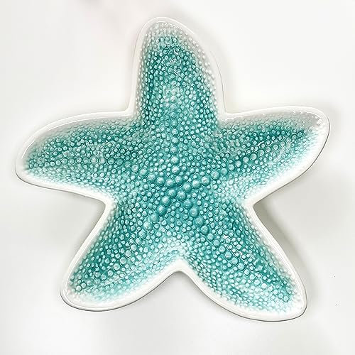 Darthome Ceramic Starfish Dish Teal Blue Bobble Glazed Large Nautical Decorative Plate
