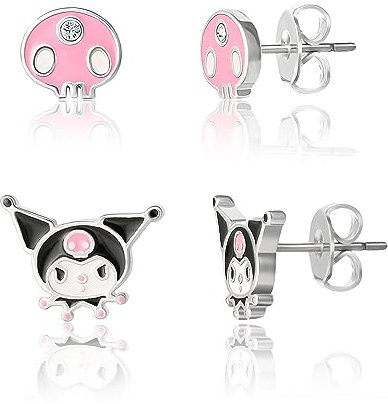Sanrio Damen-Ohrring-Set, rosa Totenkopf und Kuromi, versilbert und emailliert, offizielles Lizenzprodukt, Messing, Kristall, 2 Paar, Messing, Kristall