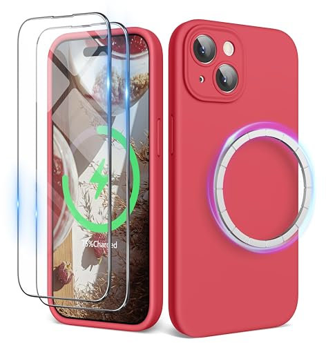 SURPHY Magnetic Case for iPhone 15 Plus Case with Screen Protector, Liquid Silicone Anti-Scratch Compatible with MagSafe Gel Rubber Phone Case for iPhone 15 Plus 6.7 inch, Guava
