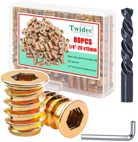 Twidec/80PCS 1/4-20 Threaded Inserts for Wood Furniture Screw-in Nut Wood Inserts Bolt Assortment Kit with M6 Hex Wrench (1/4-20 x15mm) N-059
