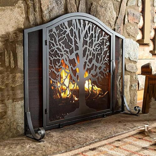 QTQHOME Black Wrought Iron Fireplace Screen Door with Tree of Life Design, Metal Mesh Fire Spark Guard Grate for Living Room Wood Burning Stove Decorative