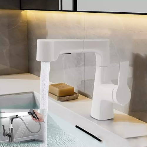 RADAAB Robinet Cuisine douchette Blanc avec 2 Modes de Jet-Height Adjustable Robinet,Rotation à 360° - avec tête de pulvérisation extractible,Robinet pour Cuisine ou Salle de Bain (Color : White)