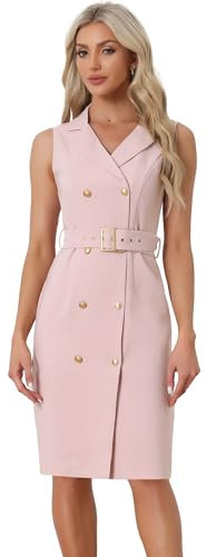 Allegra K Femmes sans Manches Revers cranté Double Boutonnage ceinturé Travail Bureau Robe Blazer Robes Rose L