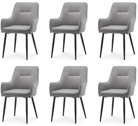 TUKAILAI Esszimmerstühle 6er Set aus Leinen, Armlehnstuhl,Küchenstuhl,Polsterstuhl mit Gepolstertes Sitz,Rückenlehne,Metallbeinen,Moderner Sessel für Wohnzimmer,Schlafzimmer,Grau