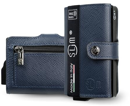 SLim Portafoglio Personalizzabile Porta Carte di Credito Schermato Portacarte Anticlonazione Uomo Donna Personalizzabile (Saffiano Blu con Zip)