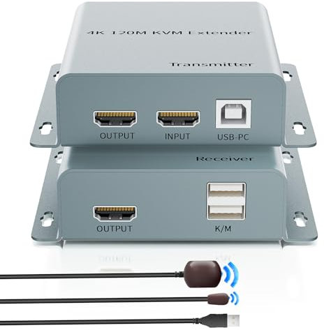 HDMI KVM USB Extender 4K 30Hz with Loopout & IR, BolAAzuL 394ft/120M(1080P 60Hz) HDMI USB KVM Extender Kit Balun over Single Cat6/5e/7 Ethernet Cable Flexible Distance for Keyboard & Mouse (TX and RX)