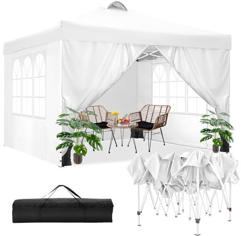 TOOLUCK Tonnelle Pliante 3x3 Imperméable, Barnum Pliant 3x3 Professionnel, Tonnelle de Jardin Exterieur avec 4 Côtés et 4 Sacs, pour Camping, Plage, Mariage, Fête, Festival, Blanc