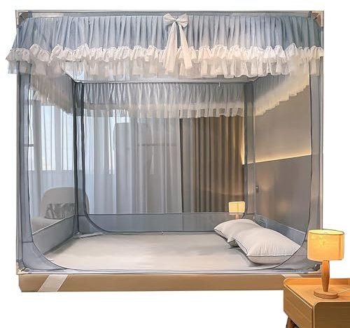 CUTTE Moskitonetz für Bett, DREI Türen Schlafzelte Betthimmel Privatsphäre Prinzessin Schlafzimmerdekoration 4 Ecken Pfosten Himmelbett Vorhangnetz,Gray,200x220cm