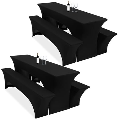Zwei 3er-Set Biertischhussen 220 x 70 x 70 cm hussen bierzeltgarnitur, schwarz Stretch-Bezüge für Biertisch-und Bankgarnituren, Bierbankhussen, Spandex-Bierzeltgarnitur für Bankett, Gartenmöbel-Bezüge