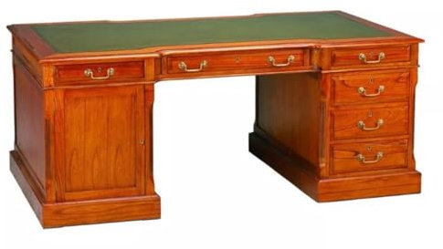 Casa Padrino Luxus Schreibtisch Hellbraun/Echtleder Grün 190 x 105 x H. 79 cm - Massivholz Antik Stil Sekretär mit 6 Schubladen