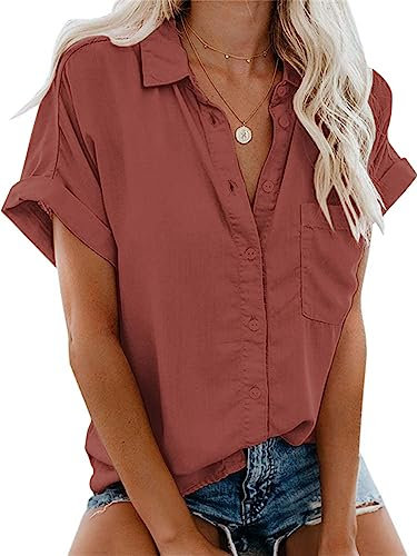 Friptspyg Bluse Damen Lässiges Kurzarm Hemdbluse Sommer V-Ausschnitt 100% Baumwolle Solide Blusenshirt Elegant Oberteile mit Tasche, Abschreckt XL
