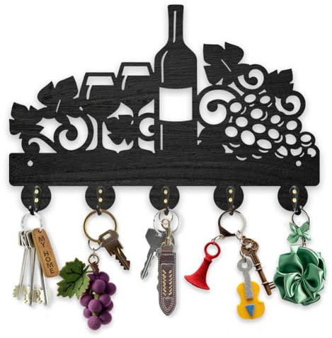 MAYJOYDIY Wooden Grape Wine Bottle Glasses Key Hook Wall Mounted 30 x 20 cm Leaf Botanical Floral Coat Rack Organizer with 5 Alloy Hooks for Gift Entryway Bedroom Living Room