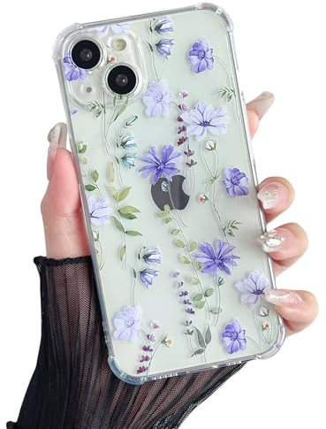 DEFBSC Hülle Kompatibel mit iPhone 14, Transparent Florale Blumen Muster Design für Mädchen Klar TPU Dünne Stoßfest Kratzfestes Handyhülle Schutzhülle für iPhone 14 - Lila