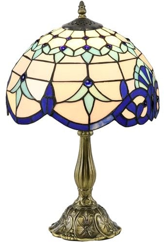 HOMCOM Stained Glass Table Lamp, Handmade Antique Bedside Lamp for Bedroom, Living Room, Home, Nightstand, Decorative Night Light, Blue