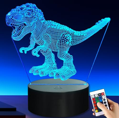 Led Night Lights 3D Night Lamp Dinosaur Light with 16 Colour Change Remote Control Dimmable Decorative Desk Lamp USB & Battery Powered Table Lamp for Christmas Birthday Dinosaur Gifts Boys Girls Room