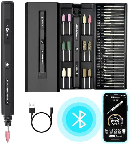 AM ARROWMAX Mini Gravierstift mit 42 Bits - Drehwerkzeug Smart Motion Control, OLED, Bluetooth, APP, Kabellose magnetische Ladung, Gravierstift für Metall, Holz, Glas und Kunststoff (SGS PRO) Schwarz
