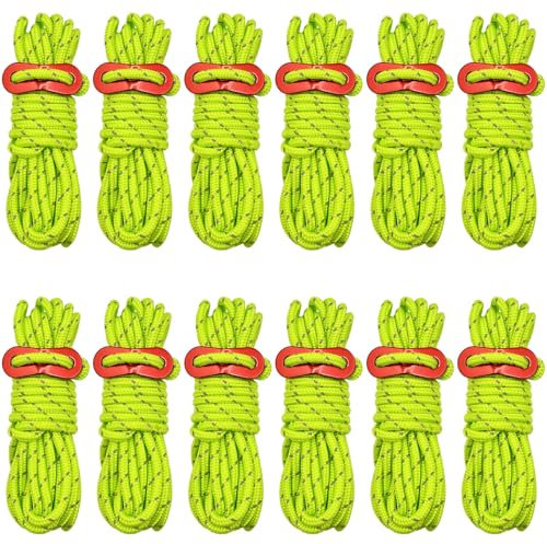 Abaigeal 12 Pcs 4MM Reflective Tent Guy Ropes, 4M /13FT Long Light-Weight Tent Guide Lines Cord Guy Ropes with Aluminum Tensioners Adjuster for Outdoor Camping Hiking Awning Tents Windproof