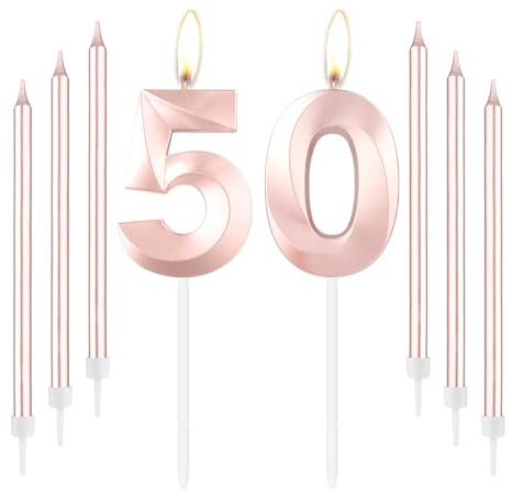mciskin Rose Gold 50 Birthday Candles-Number 50 Candle for Cake with Long Thin Candles Set, Rose Gold Cake Topper for Women 50th Birthday Decorations Supplies,50th Wedding Anniversary Decorations