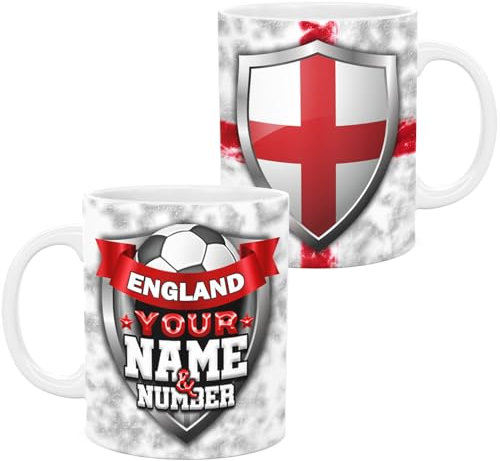lepni.me Personalised England 11 oz. Football Mug with Еnglish Flag Badge and Your Name and Number | Ceramic Sport Game Cup for Coffee Tea | Fans Custom Gift