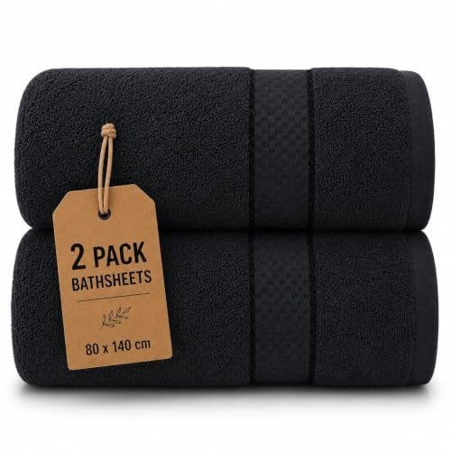 Casabella Pack of 2 Large Jumbo Bath Sheets 100% Egyptian Combed Cotton Big Beautiful Towels_Black_2pcs