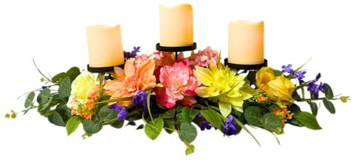 Svndlyn Kerzenhalter für Frühling und Sommer, 3 Dochte, Kerzenhalter mit Dahlie Pinnata, Pfingstrosen und Rosen für Frühlingsdekoration, Osterdekoration, Tischdekoration für den Innenbereich, als