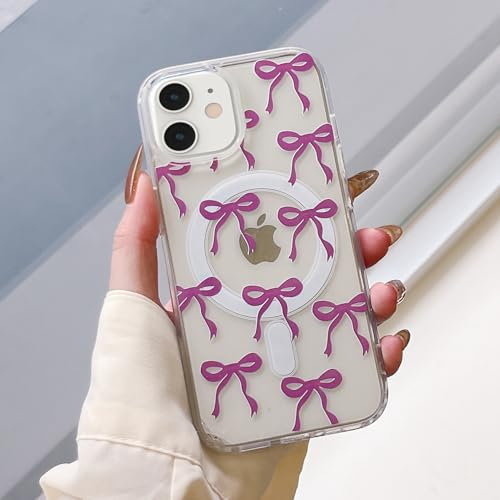 UEEBAI Magnetic for iPhone 11 Case, Bow Case Compatible with MagSafe, Wireless Slim Clear Ribbon Aesthetic Phone Cover Anti-Yellowing Shockproof Protective Cover for Women Girl - Purple