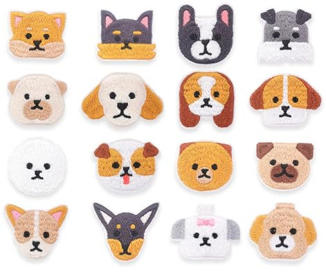 FloralGrace Pack of 16 Dog Patches for Iron-On DIY Clothes Embroidered Iron-On Patches Children's Patches for T Shirt Jeans Bags and Decoration