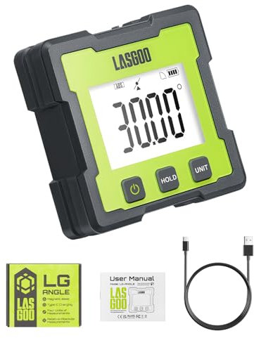 LASGOO Misuratore digitale di angoli, inclinometro magnetico ricaricabile con LCD, 4 unità di misura, per legno, costruzione e metalli