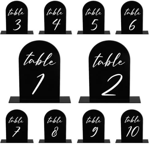 PATIKIL Wedding Table Numbers 1-10 Black Background White Text | 6x4,Acrylic Display Signs and Holders for Weddings Receptions with Stands Parties Events Centerpiece