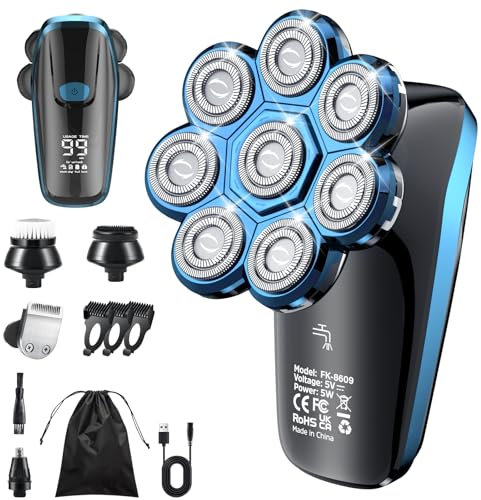 Glatzen Rasierer Herren elektrisch, 8D Kopfrasierer Glatze für 0,0 mm,Elektrorasierer Nass und Trockenrasierer IPX6 Wasserdichter LCD Anzeige Bart Nasenhaar Trimmer Pflege Kit USB