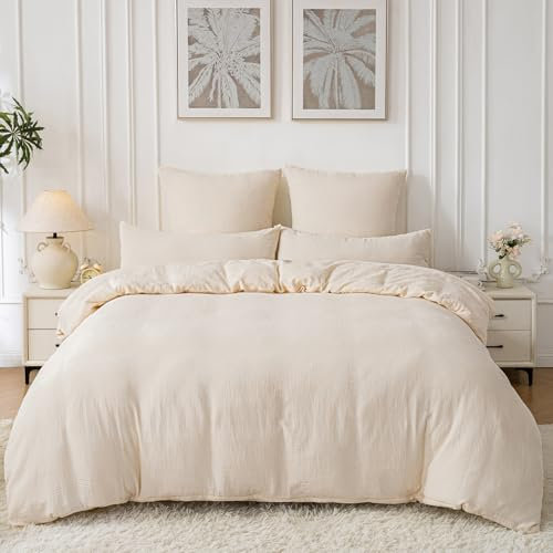 SOULFUL Doppelte Muslin Bettwäsche 220x240 Baumwolle, Bettwäsche-Sets 1er Set Bettbezug mit 2 Kissenbezüge 80x80 cm, ÖKO-TEX Bettwäsche Hellbeige mit Reißverschluss