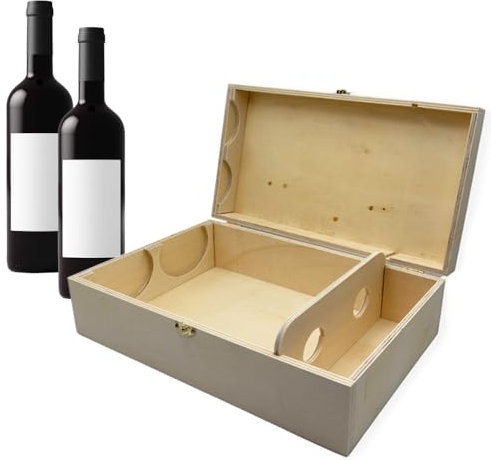 PALUPLUS Scatola Porta Bottiglie di Vino in Legno, Misura 35x19x10,5 cm, Cassetta proteggi bottiglia con Coperchio e chiusura di sicurezza, Idea regalo per feste, eventi -1771C (2 Bottiglie)