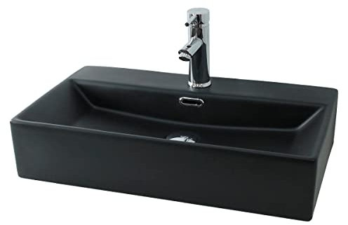 LuxeBath Lavabo in Ceramica 605x365x130 mm Colore Nero Opaco Lavello da Appoggio Rettangolare Lavandino Design Moderno Sanitari per Bagno Casa Hotel Bacinella per Ospiti Rubinetteria per Bagno